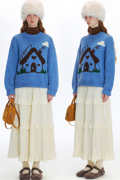 WhyBerry 24AW "Fairy Tale House" Cute Loose Little House Pullover Einfache Rundhalsausschnitt Lazy Style