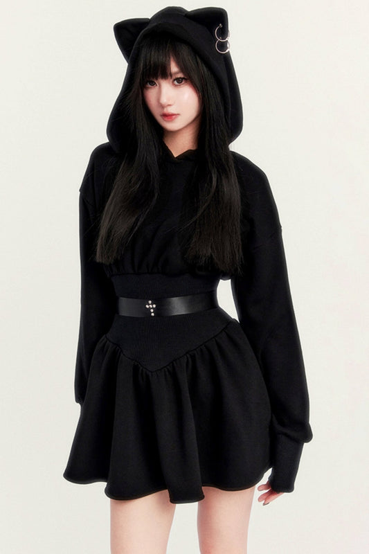 VOCK Devil Kitten Halloween Dark Cool Cool Slim Waist Plus Fleece Sweatshirt Dress Autumn and Winter Long Sleeve Dress