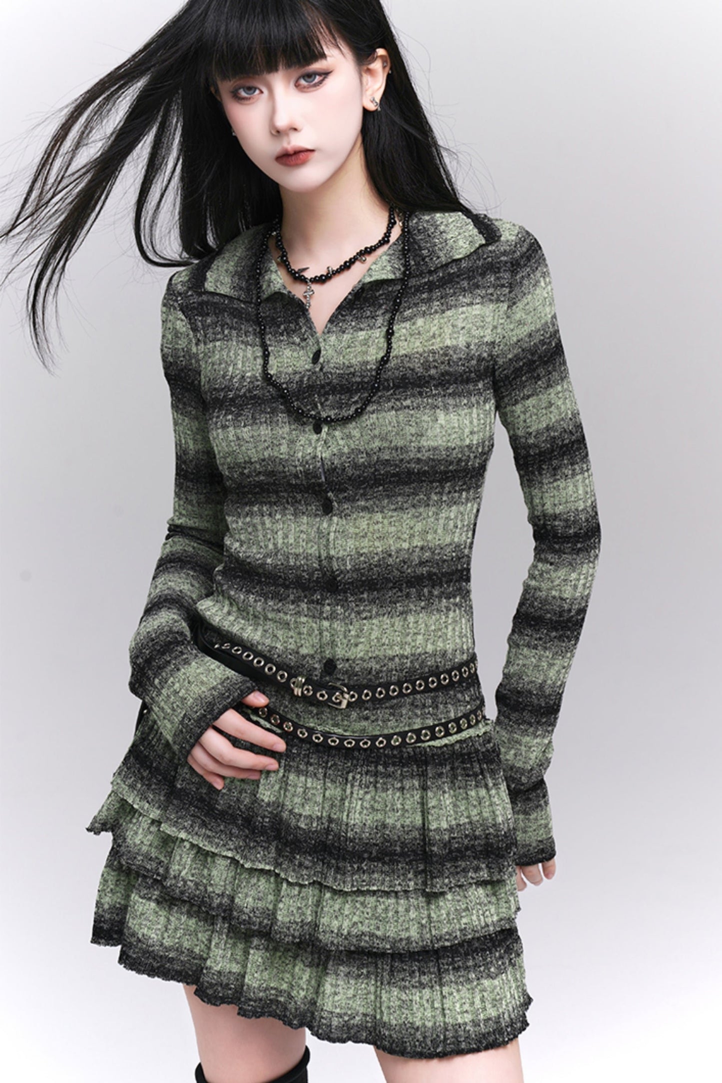 Early Autumn Thin Green Striped Knit Dress