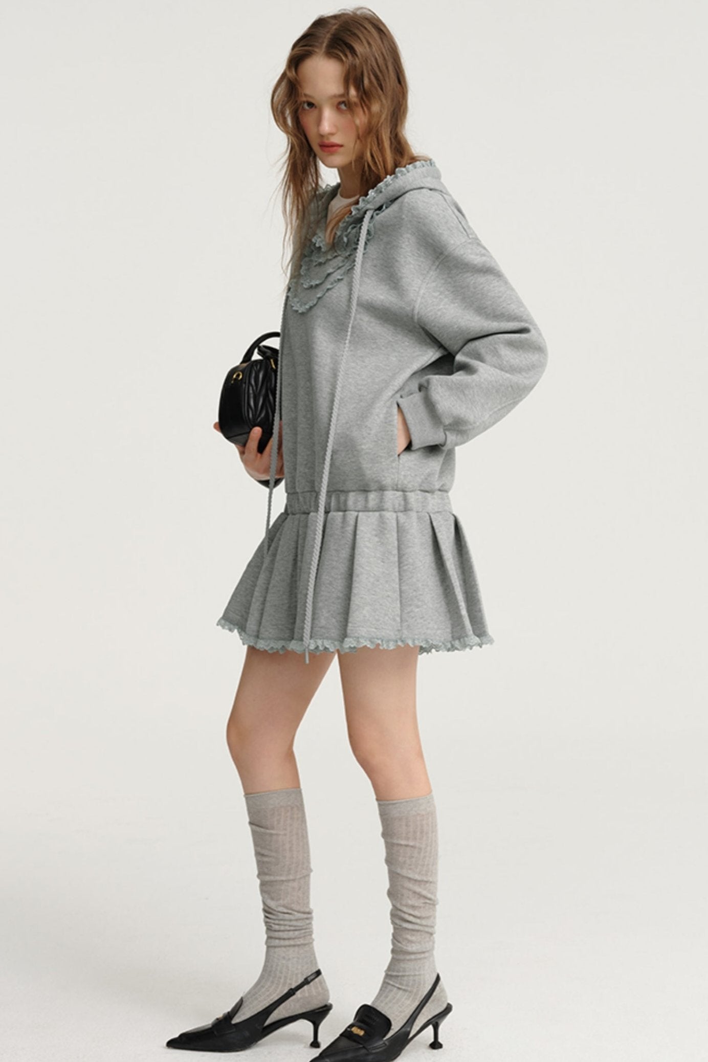 Grey Lace Panelled Collar Sweatshirt Dress