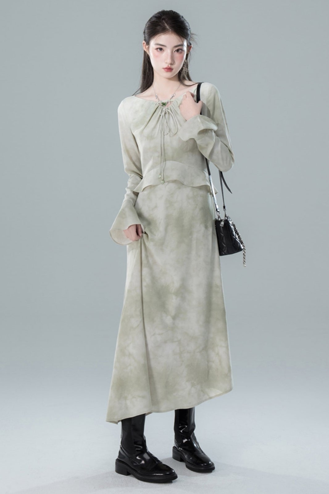 Celadon Shirred Irregular Dress