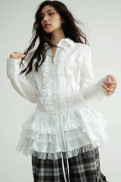 White Lace Tie-Waist Long Shirt