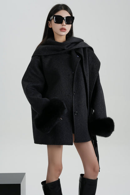 Fox Fur Sleeve Mid-Length Wool Coat