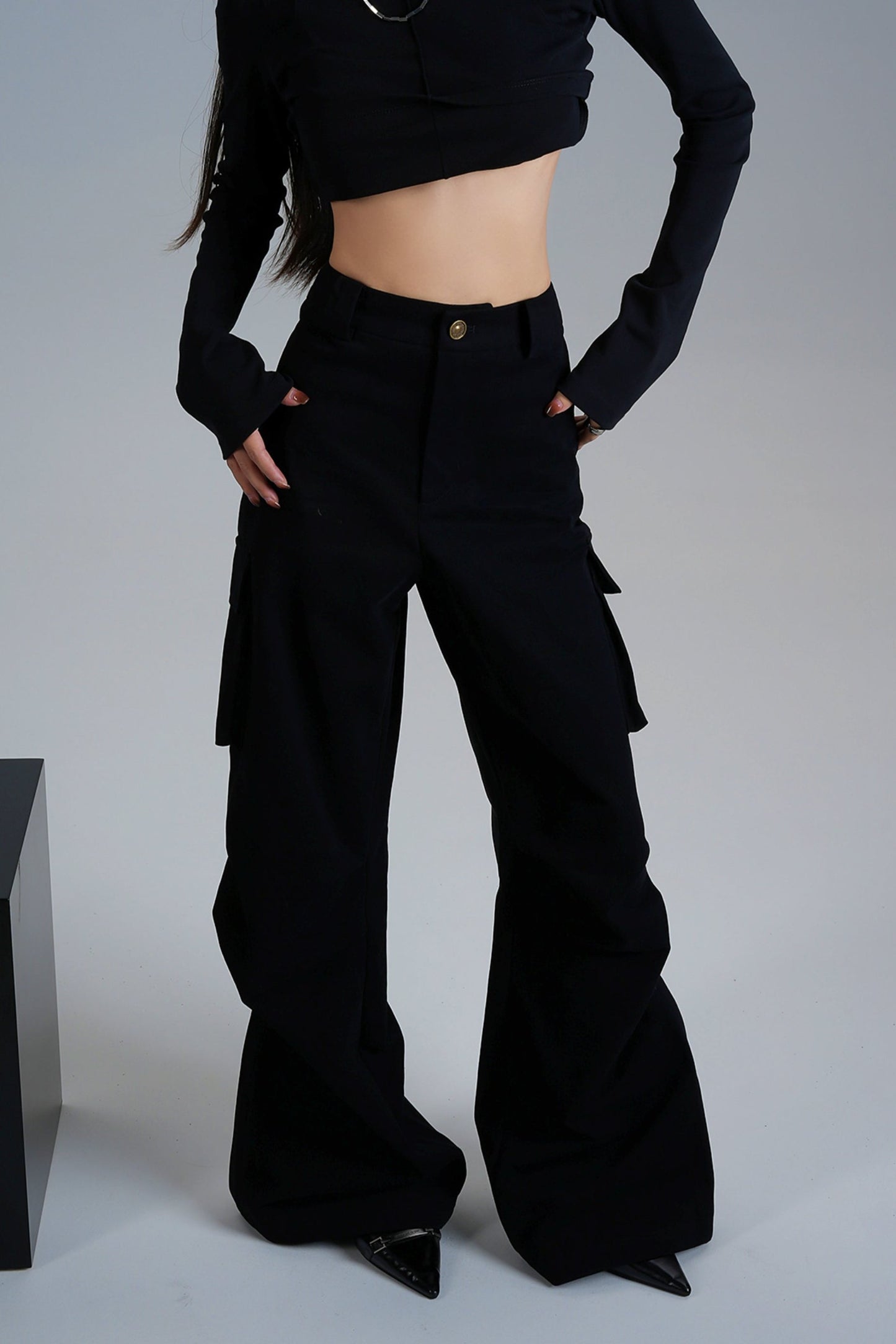 Pleated High-Waisted Cargo Pants