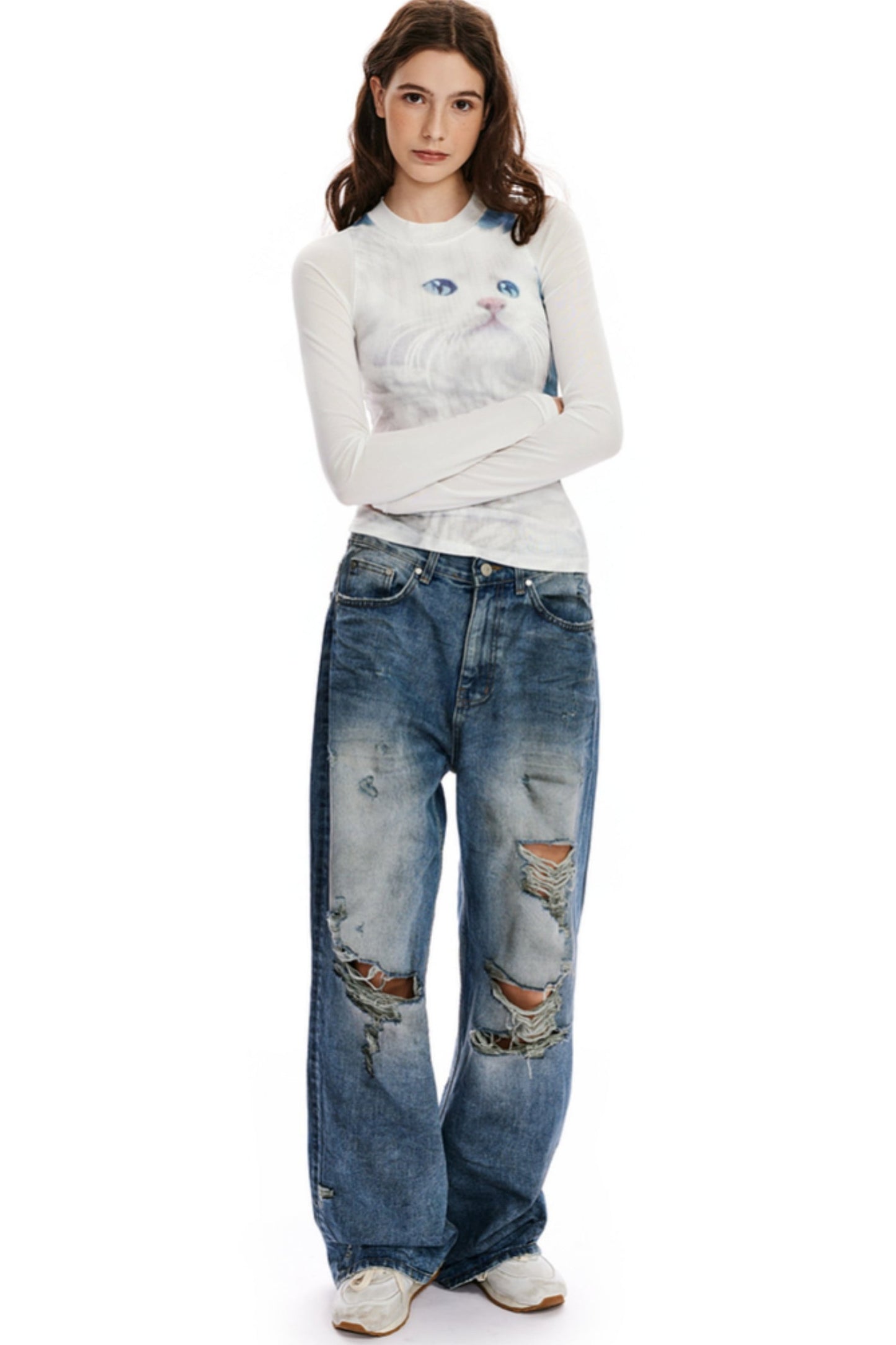 Cat Print Mesh Cropped T-Shirt