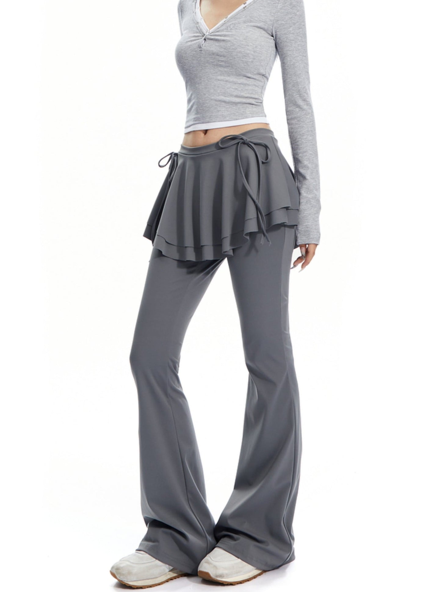 APEA New Balletcore Ruffle Tie Bow Stretch Slim Slightly Flared Skirt Pants Women