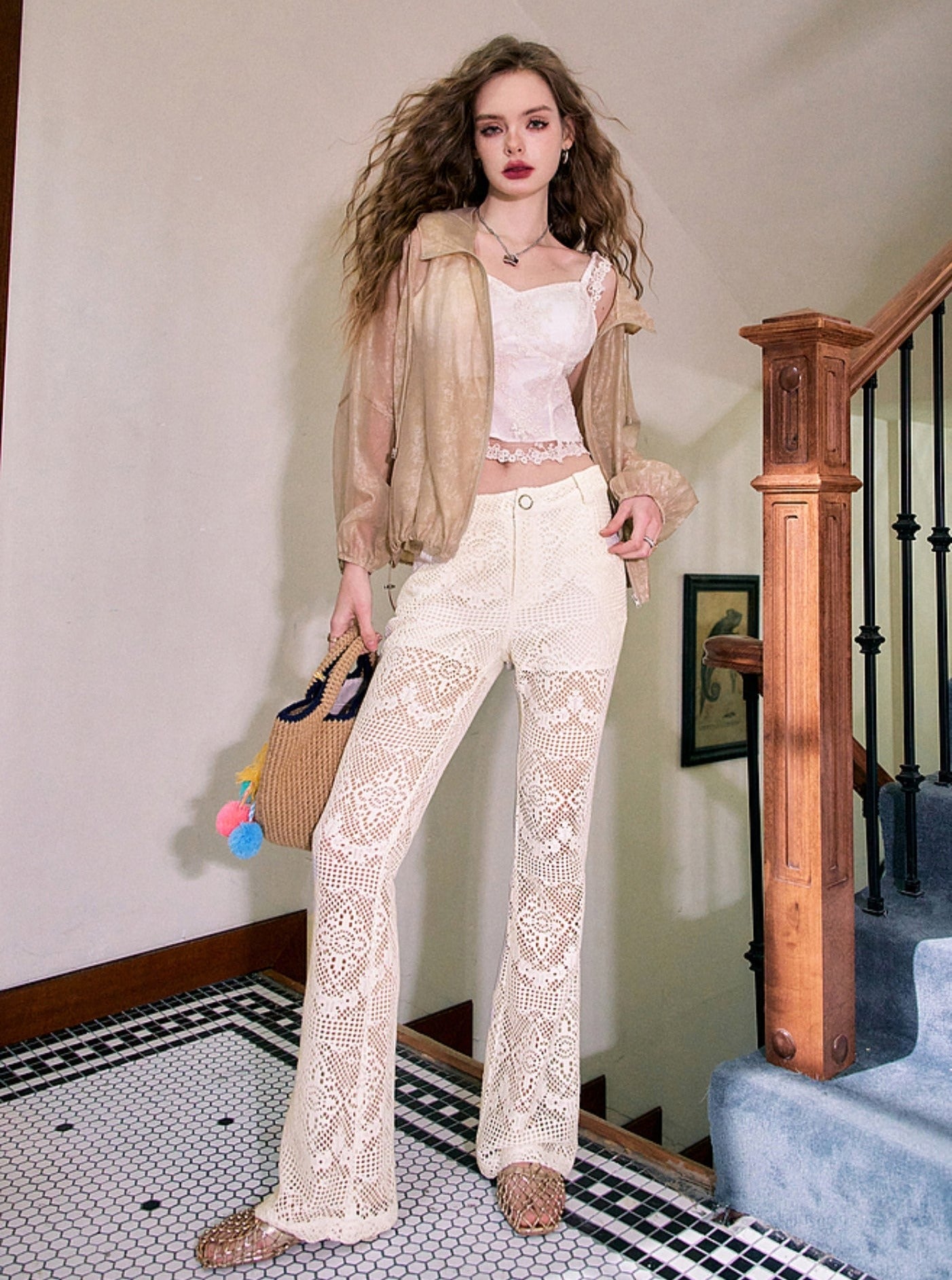 Lace Stitching White Flared Pants