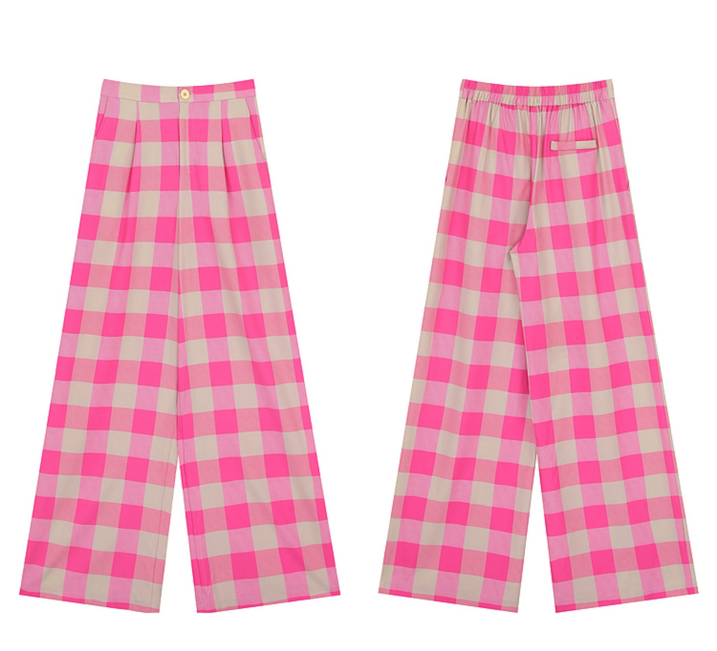 Pink Plaid Casual Wide-Leg Pants