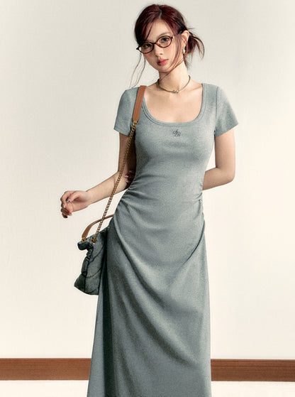 Square Neck Waist Cinched Long Dress