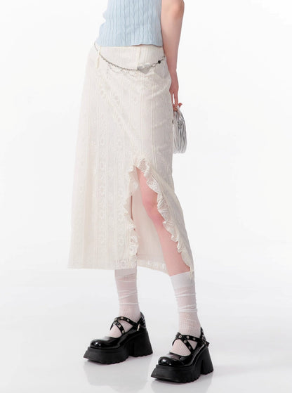 High-Waisted Ruffle Lace Midi Skirt