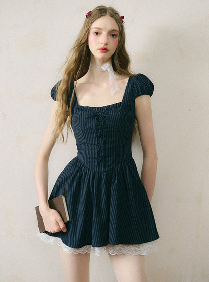 Galaxy Lace Striped Puff Sleeve Dress