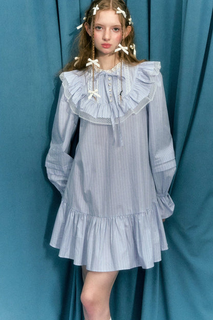 Bow Ruffled Stripe Long Sleeve Dress