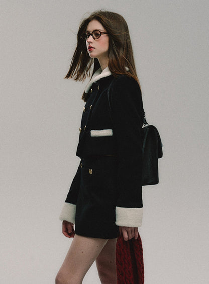 Collar woolen jacket and short skirt set