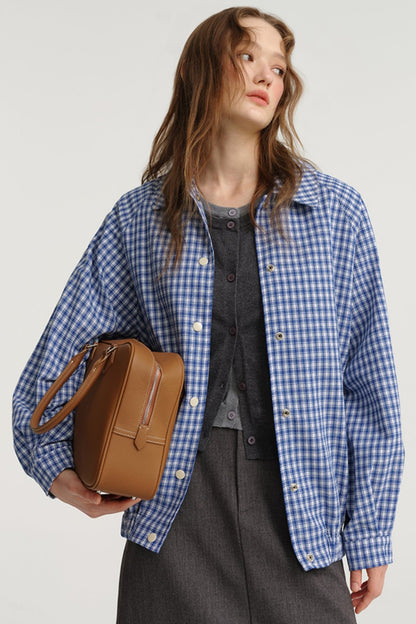 DESIGNER PLUS VINTAGE BLUE PLAID JACKET SHIRT WOMEN'S AUTUMN NEW CASUAL WAIST SHIRT SHORT JACKET