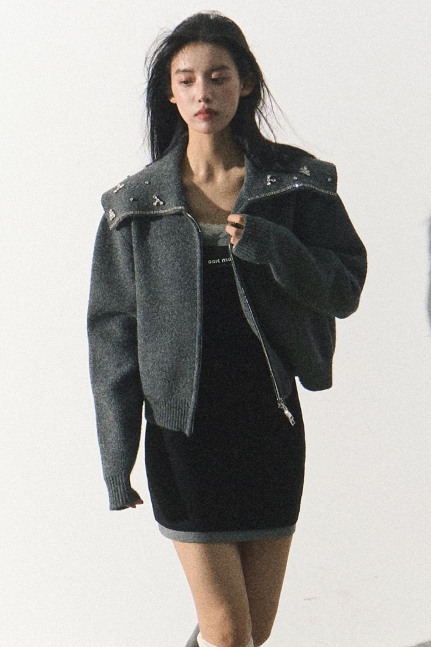 OAKMOO "Fifth Season" beaded thick navy neck knitted sweater women's fall/winter heavy industry loose coat