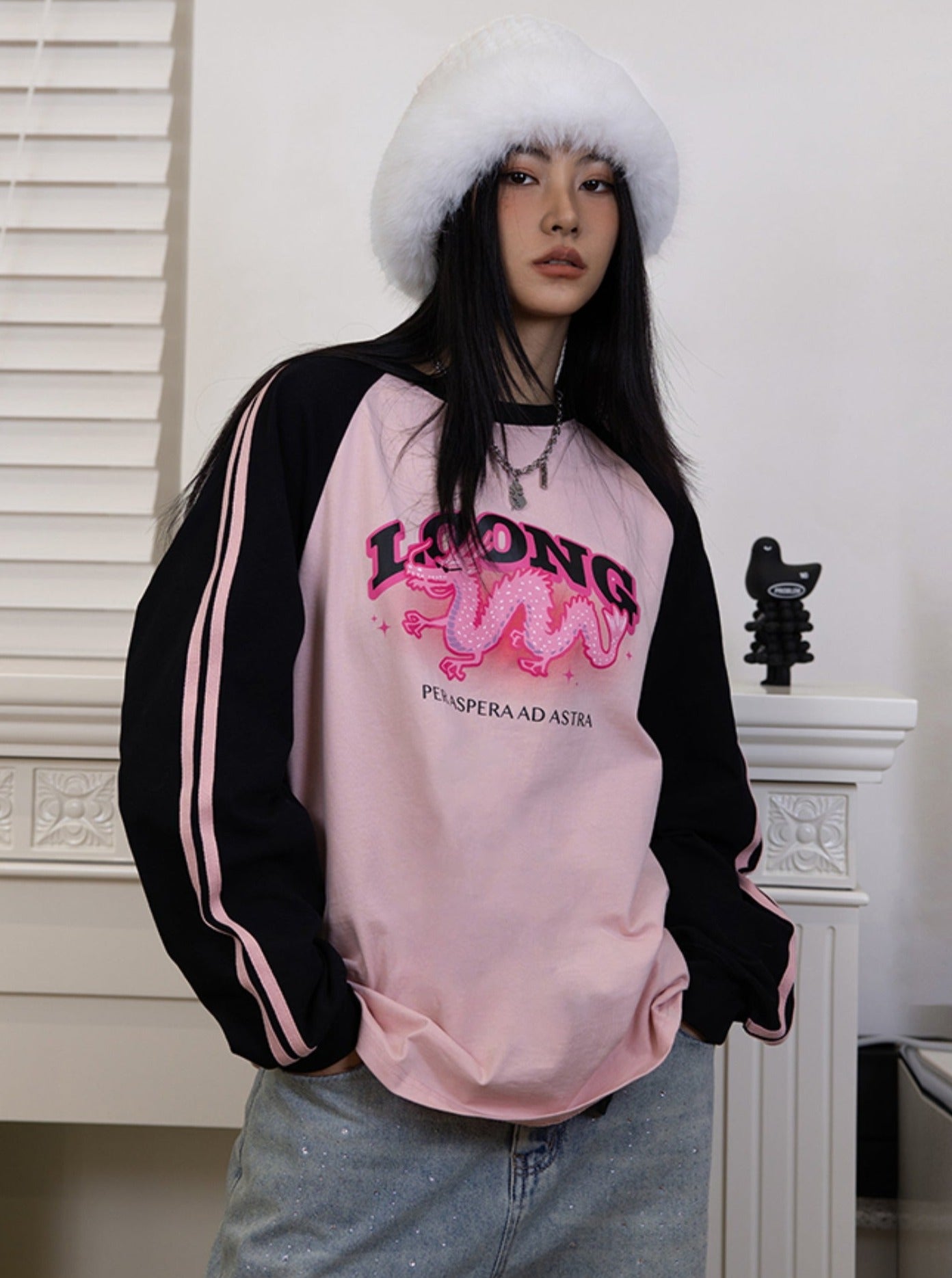 Black Pink Raglan Dragon Sweatshirt