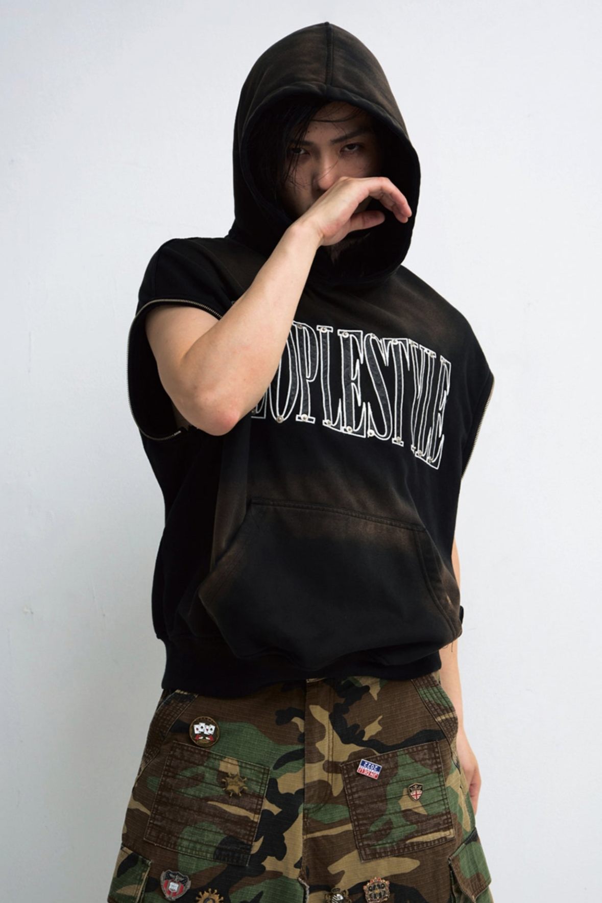 Baggy Gradient Distressed Hooded Sweatshirt