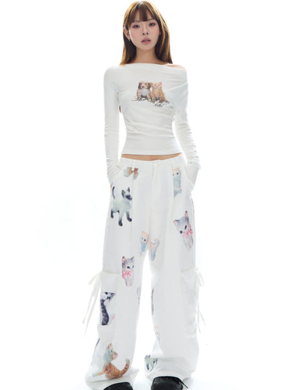 Ceramic Cat Print Shirred Cargo Pants