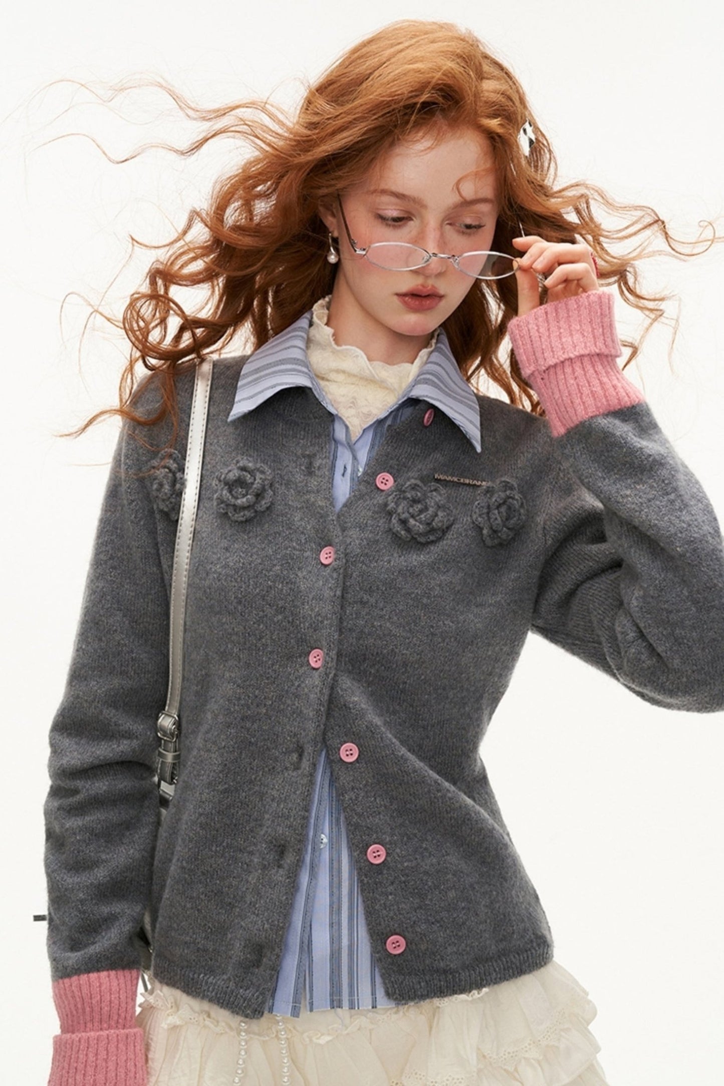 MAMC Rose Farbe Block Rundhalsausschnitt Pullover Strickjacke Herbst-Winter 2024 neue süße Mode Premium lange Ärmel stricken