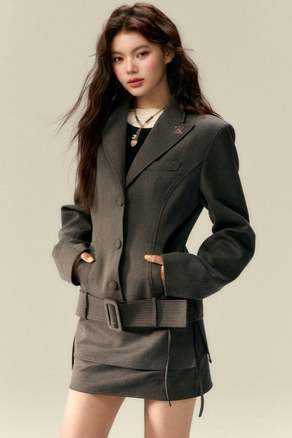 Wide Belt Cinched Denim Casual Jacket Set-Up