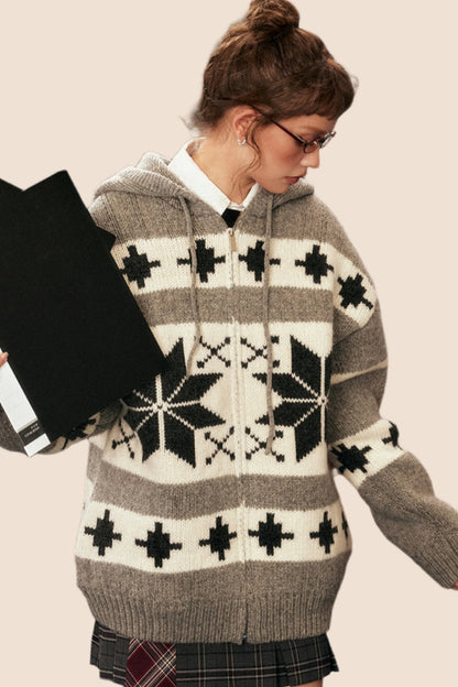 Retro Christmas Hooded Knit Cardigan