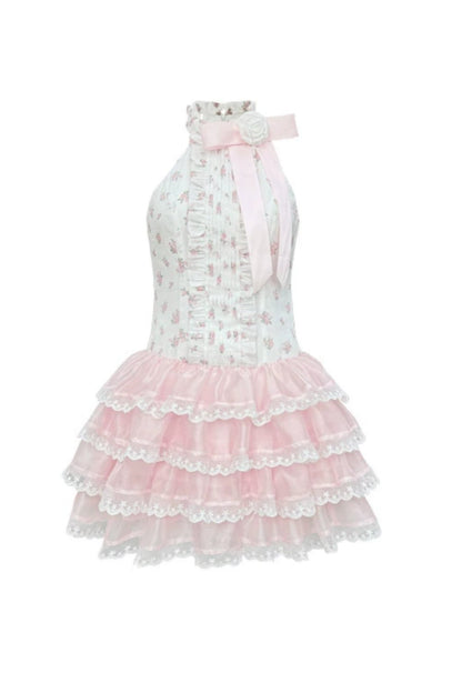 Pink White Floral Lace Princess Dress