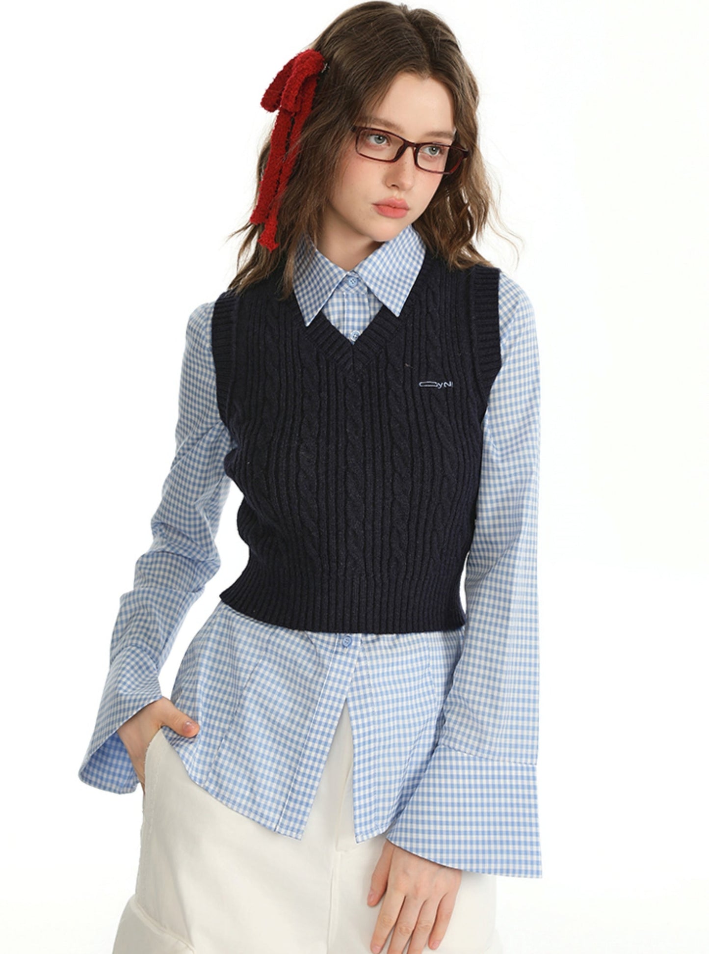 Shirt With Vintage Sweater Vest And Skirt Set-Up