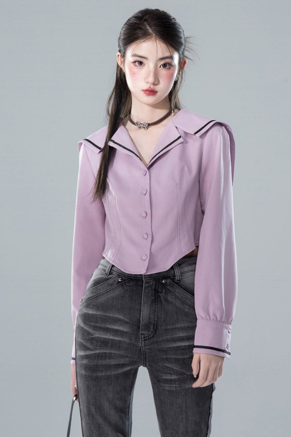 Purple Preppy Navy Collar Top