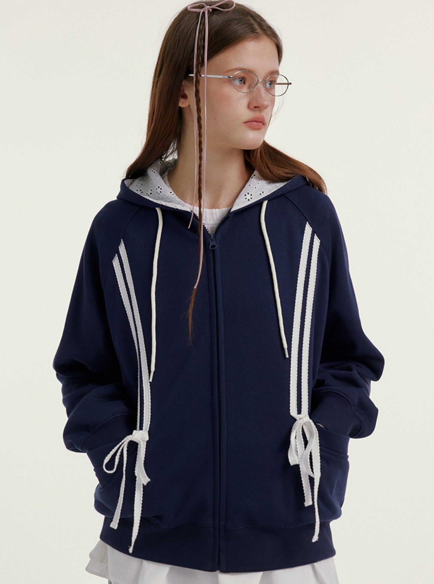 Embroidered Bow Hooded Knit Jacket