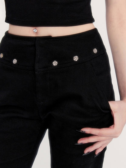 VOCK Schönheit lange Beine Rose Stud hohe Taille leicht ausgestellte schwarze Hose heißes Mädchen pendeln vielseitige Hose Frauen