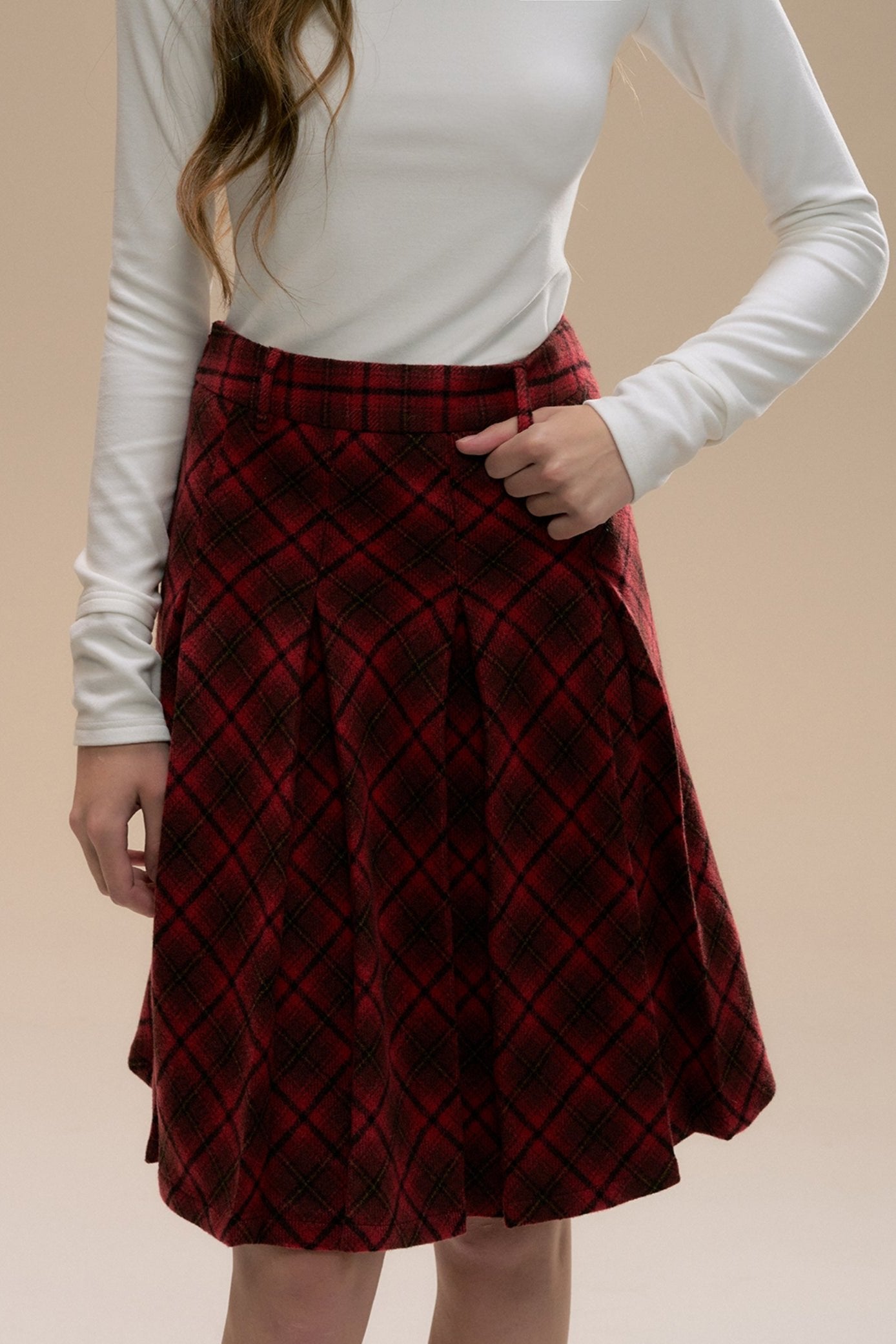 Red Check Tweed Pleated Skirt