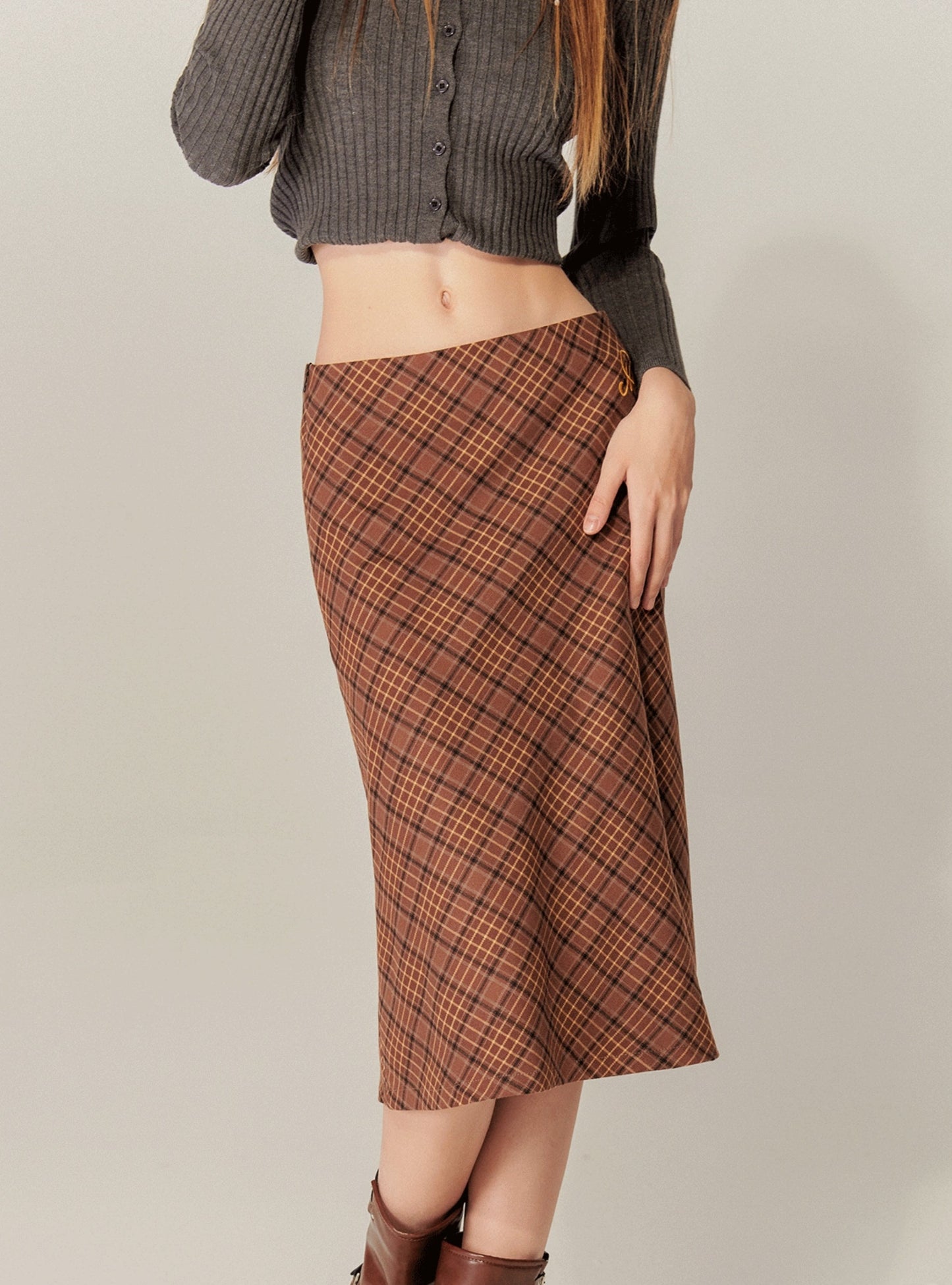 Checked A-Line Hip Midi Skirt