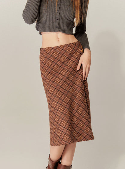 Checked A-Line Hip Midi Skirt