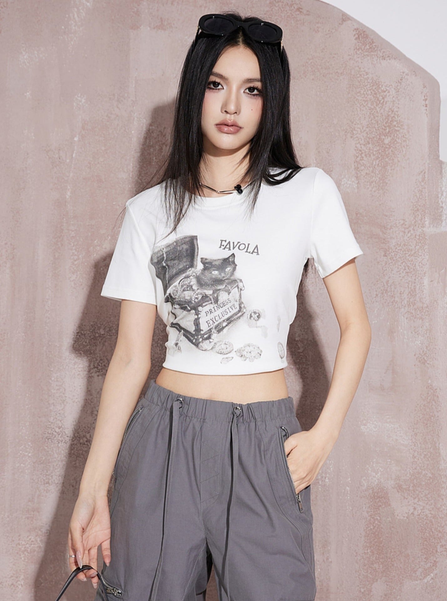 White Print Cropped T-Shirt