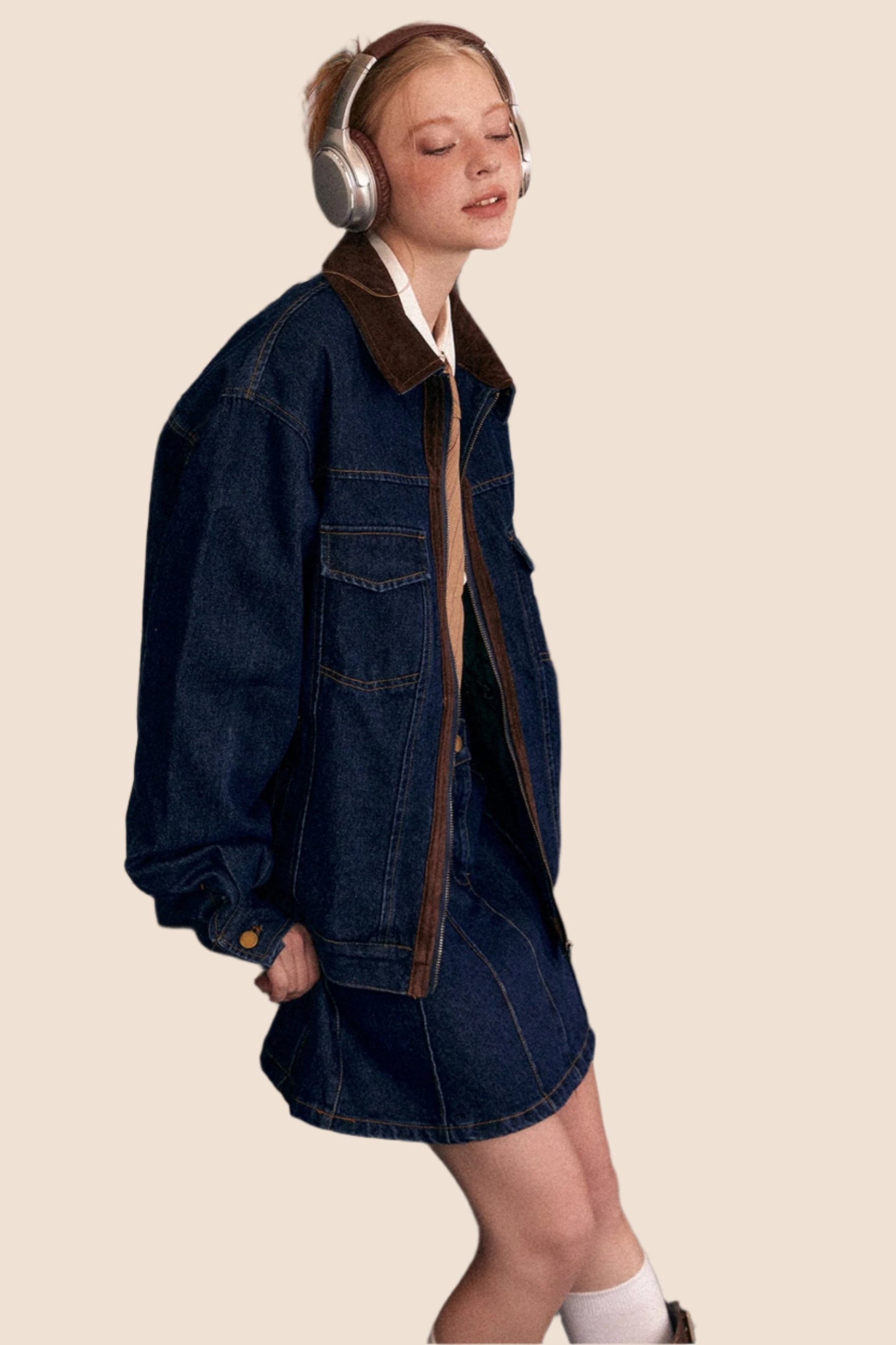 Casual Stitched Denim Jacket And Skirt Set-Up