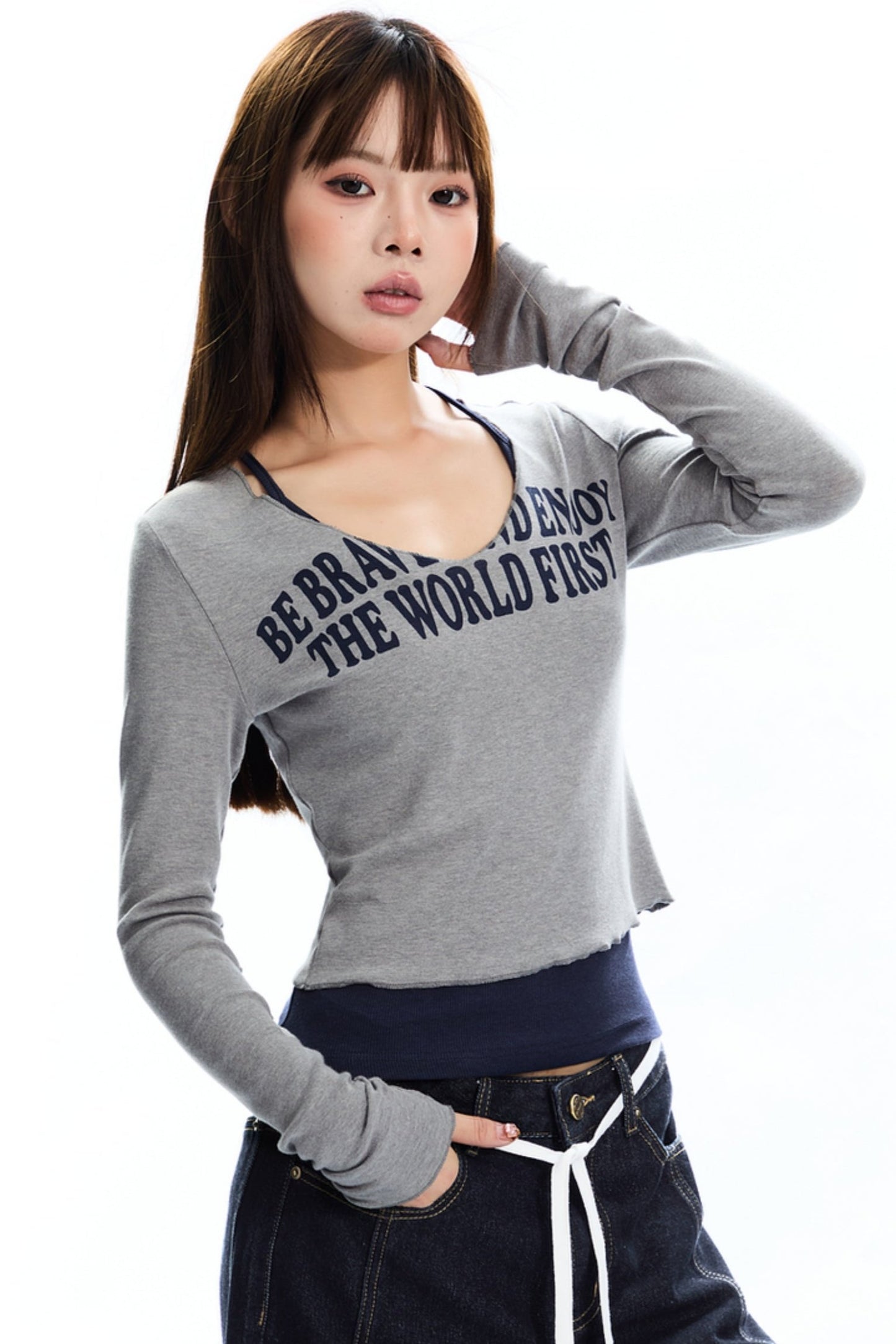 Contrast Letter Print V-Neck Set