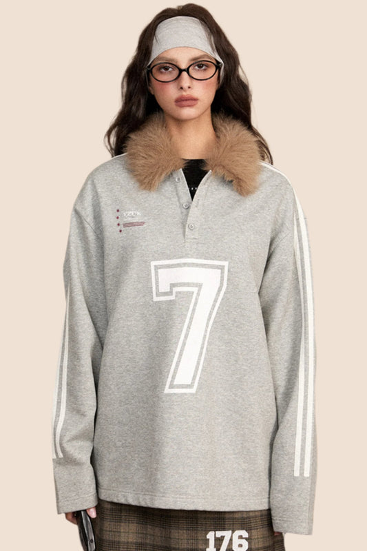 EZEK American Retro Pelz Kragen Nähte Sportliche V-Ausschnitt Sweatshirt Frauen Pre-Fall neue lose kontrastierenden Jersey Top