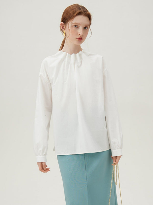 White Cotton Pinch Pleated Stand Collar Shirt