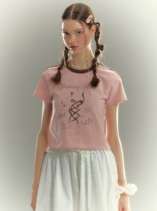 White Bow Letter Print Contrast T-Shirt