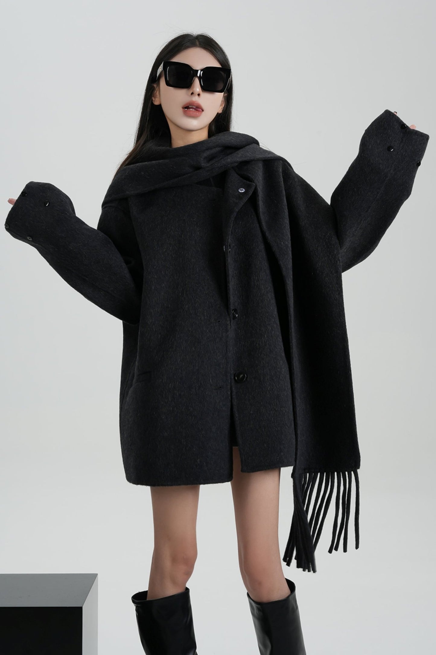 Fox Fur Sleeve Mid-Length Wool Coat