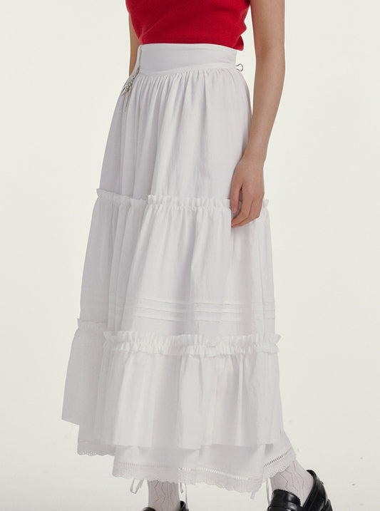 High-Waisted White Lace Cake Midi Skirt