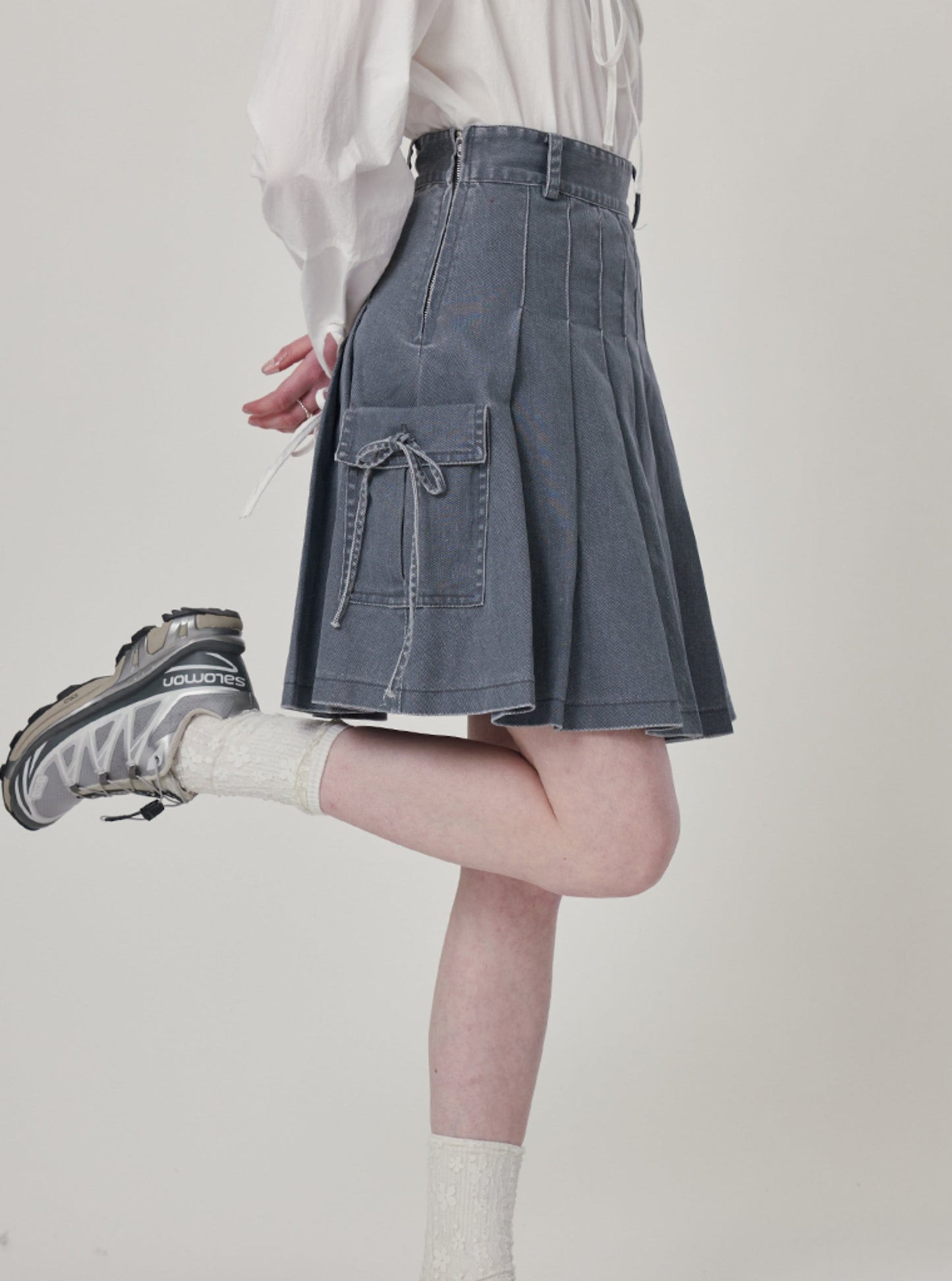 High waist slim bow pleated denim skirt set