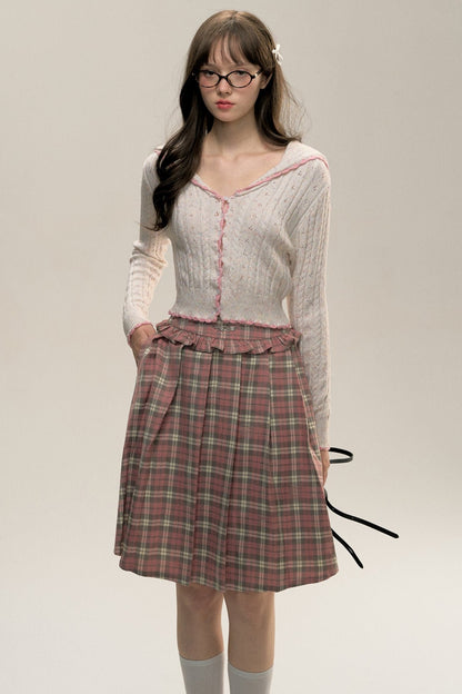 Plaid Diary Pink Lace Pleated Skirt