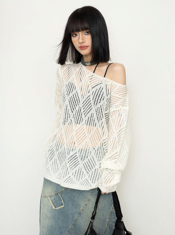 Cut-Out Mesh Pullover Knit Top