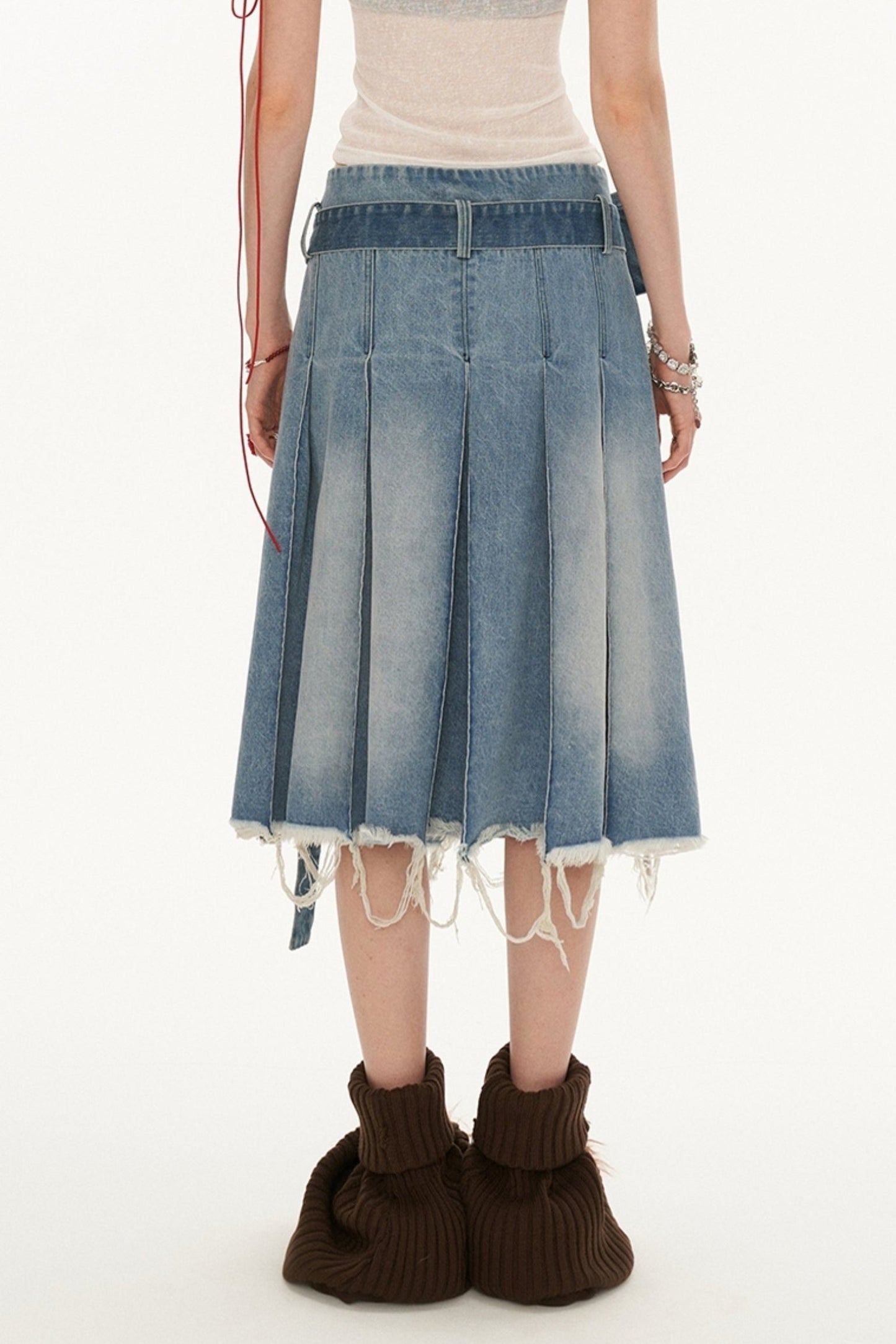 Vintage Belt Bag Decorated PLEATED DENIM SKIRT