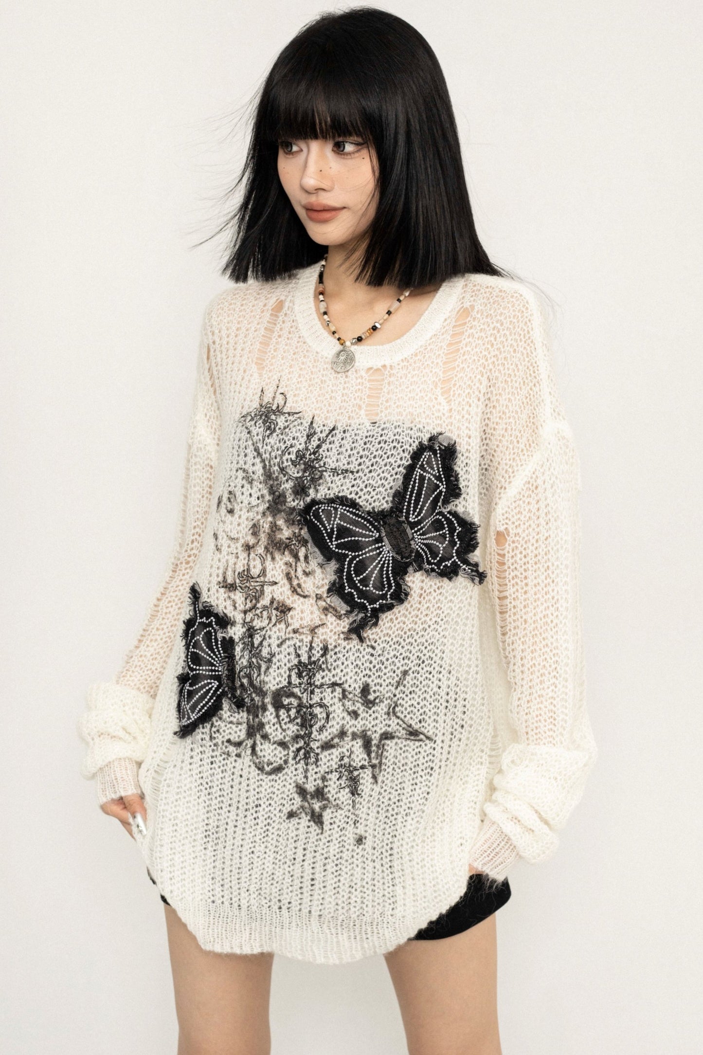 Vintage Butterfly Embroidery Mesh Knit Sweater