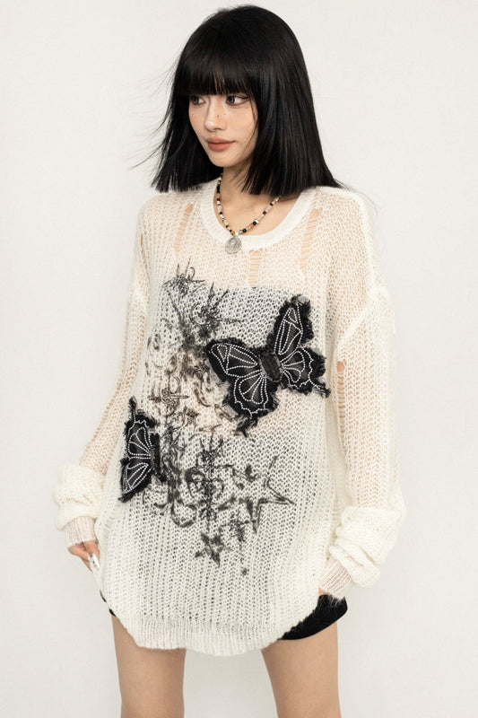 Vintage Butterfly EMBROIDERY MESH KNIT SWEATER