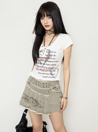 OCTTFLAB Sweet Cool Light Asian Style Slim Crop Top T-Shirt Women's Small Man Short V-Neck Design Trendy