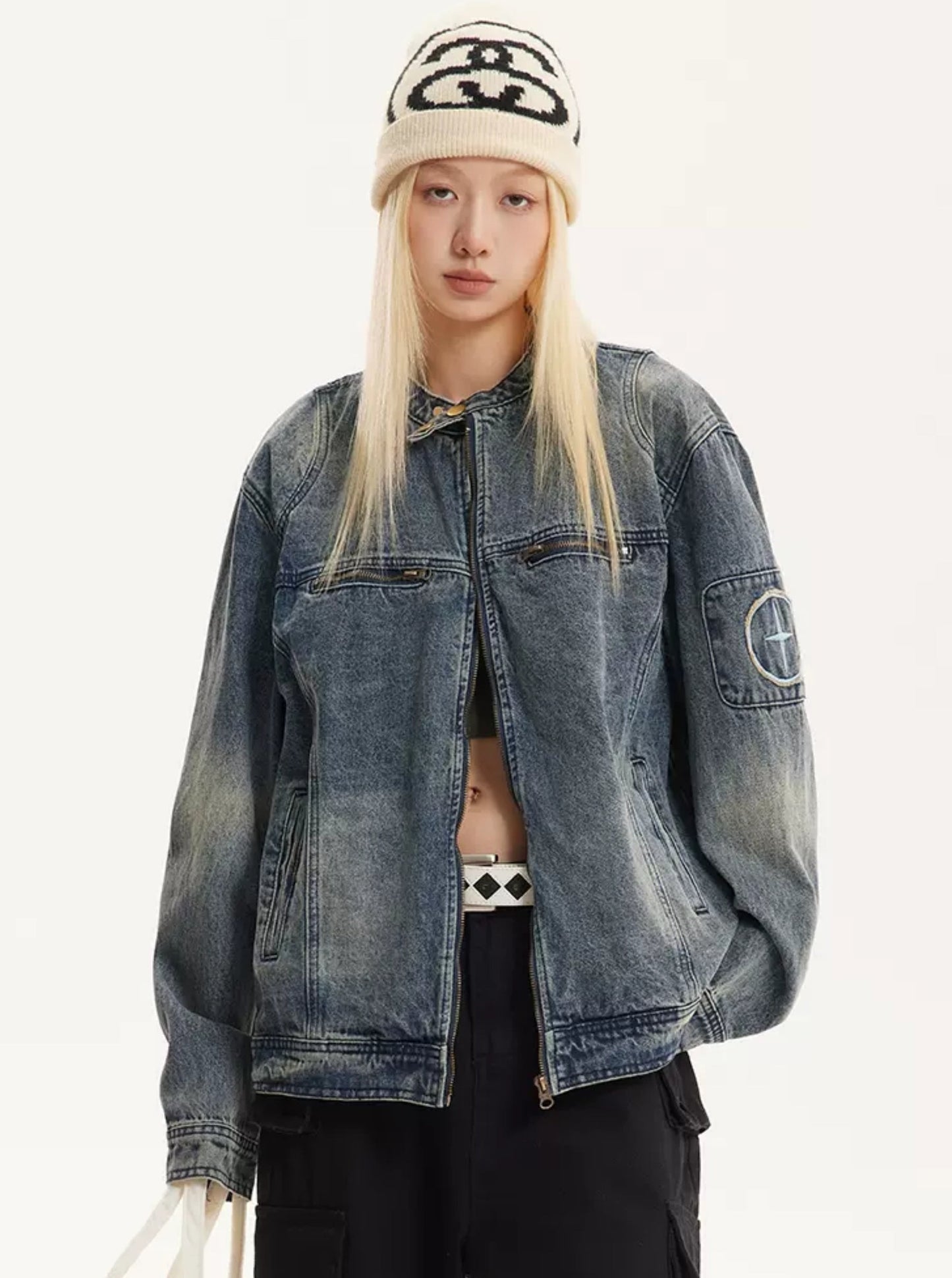 American Retro Washed Denim Biker Jacket