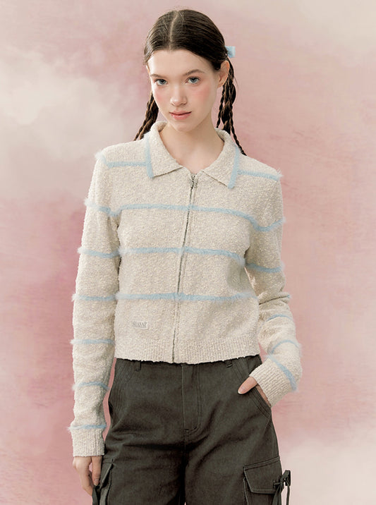 Fur lapel zipper knitted top